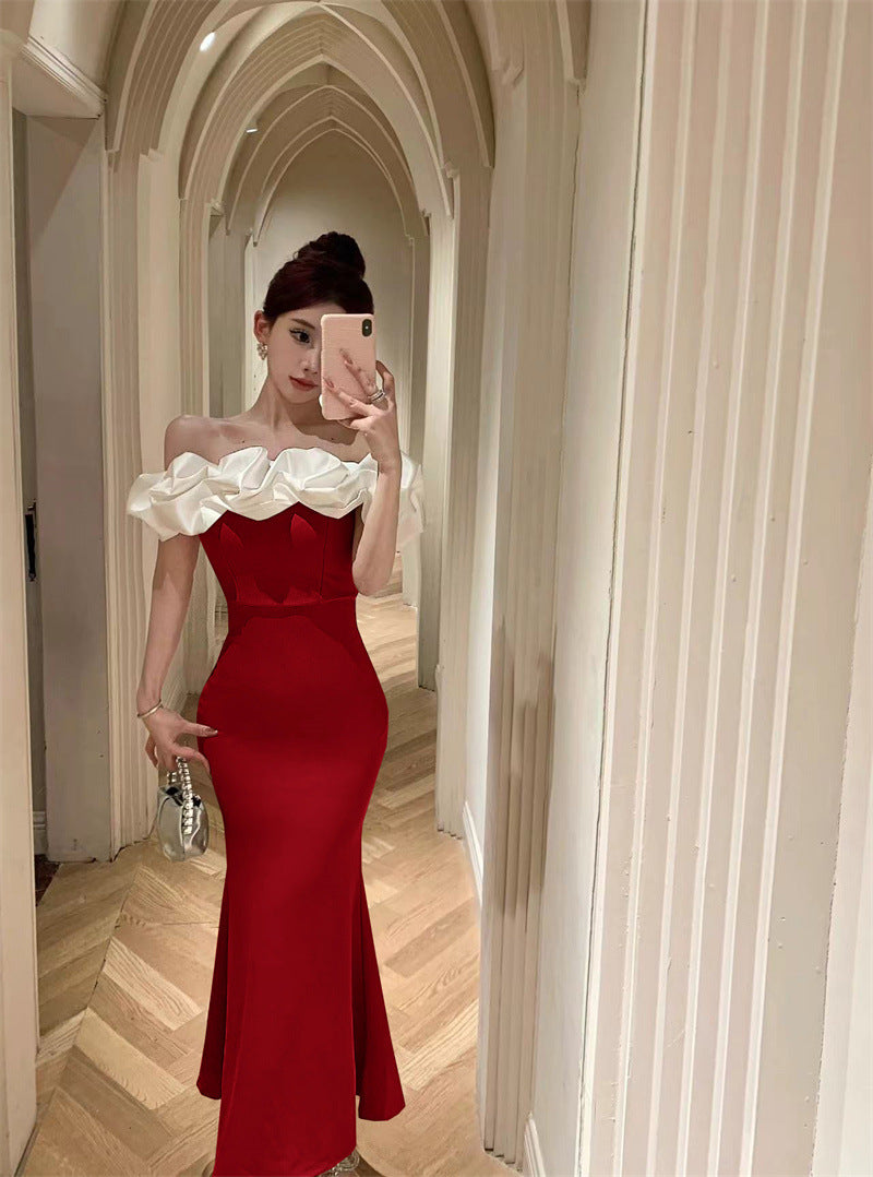 2883 Cross-Border Foreign Trade Women's Clothing Wholesale Southeast Asia off-Shoulder Contrast Color Evening Dress Temperament Slimming Fishtail Dress