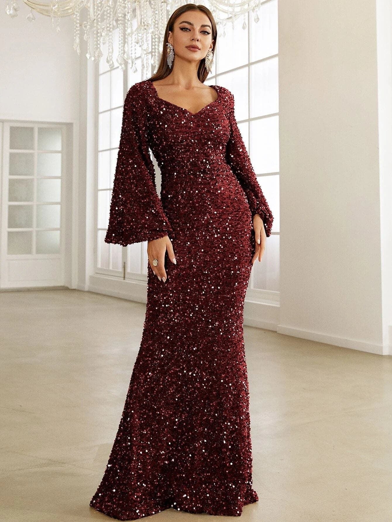 Party dress long sleeve sequin golden red black Fashion V-neck Hip Sequined European and American Style Dress Mid-Waist Flared Sleeve Long Evening Dress H909023