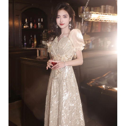 Sequined Autumn Evening Dress Women's French-Style Long Dress Host Banquet Party Evening Dress Company Annual Meeting
