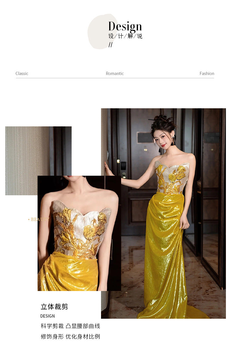 French Style Evening Dress for Women 2024 New Light Luxury Minority High-End Adult Ceremony Tube Top Engagement Dress Banquet Trailing