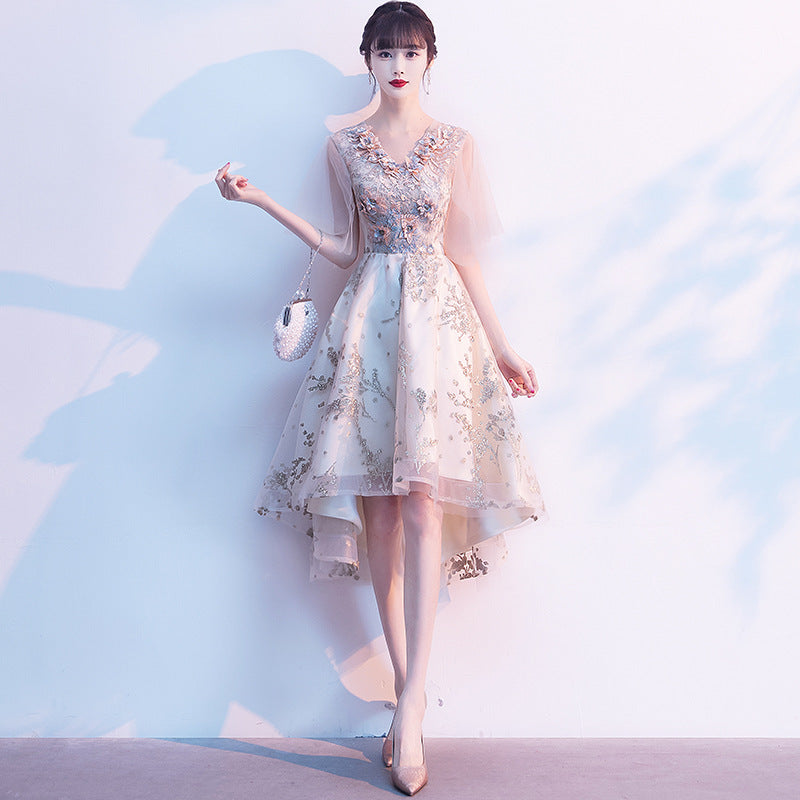 Evening Dress for Women Banquet Temperament Fairy Light Luxury Minority High-End Host Short Front Short Back Length Dress
