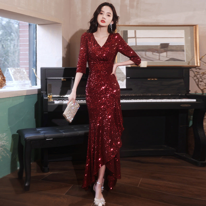 Birthday Banquet Evening Dress for Women 2024 New Host Temperament Fishtail Heavy Embroidery Sequins Half Sleeve Dress Dress