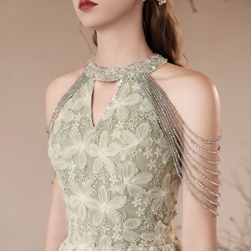 Halter Evening Dress 2024 New Printed Lace Toast Dress Bride Marriage Engagement Long Dress Elegant Slimming Green