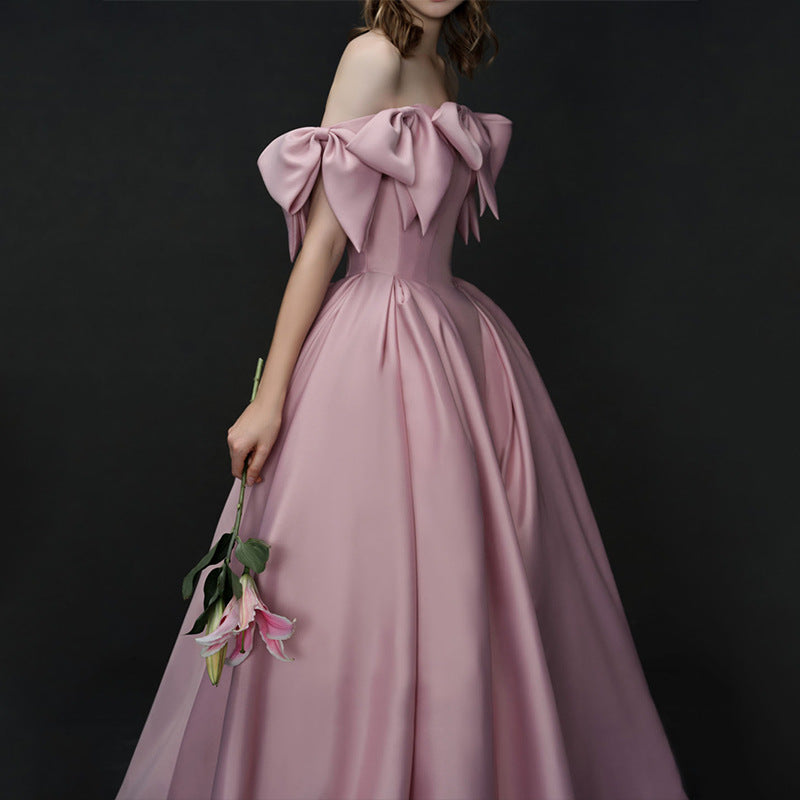 Pink Satin Annual Party Dress Women's 2024 New Banquet Host High-End Engagement Dress Toast Dress Bride