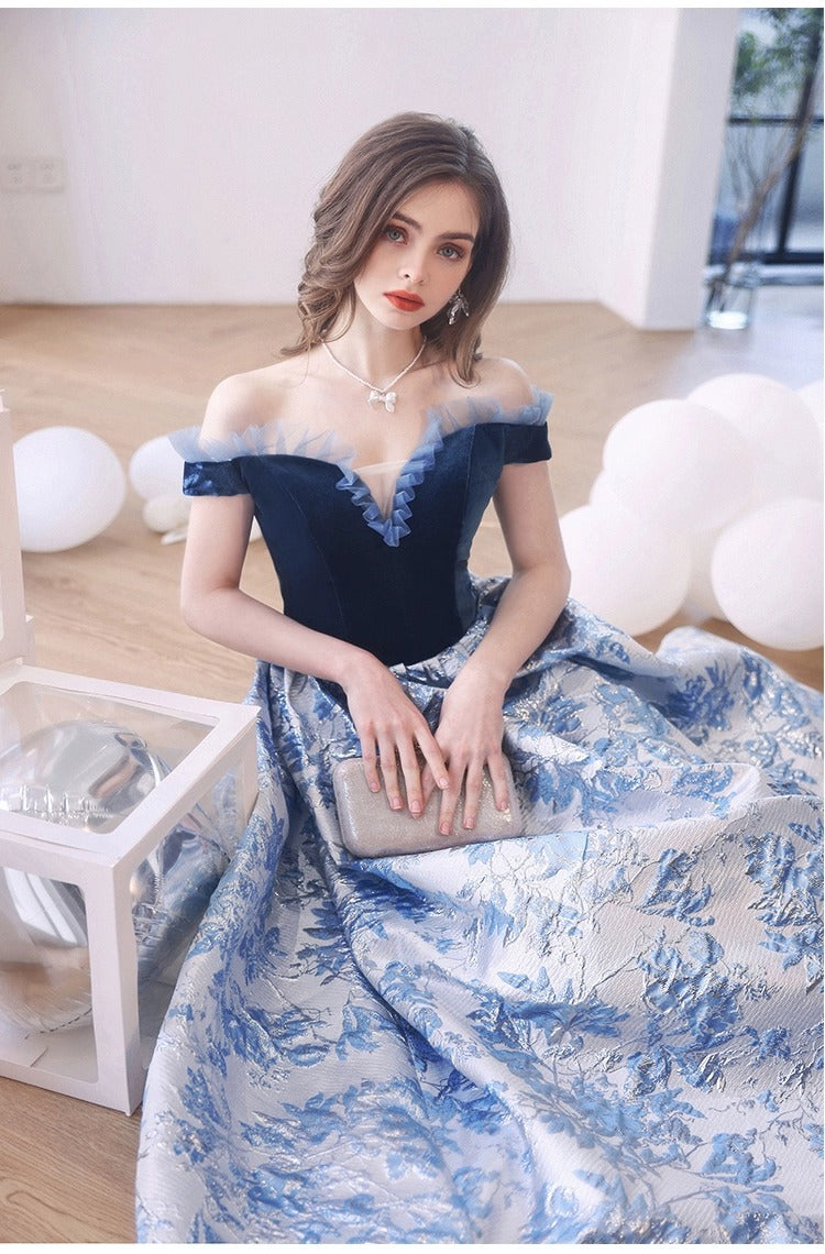 Evening Dress for Women 2024 Summer Blue off-Shoulder Banquet Performance Performance and Catwalk Host Wedding Dress