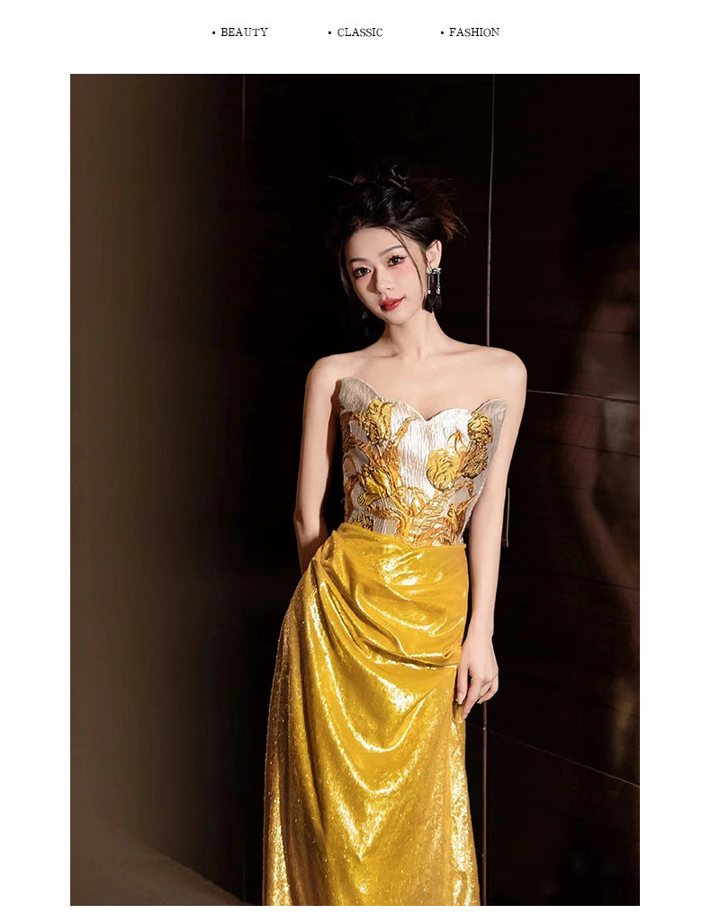 French Style Evening Dress for Women 2024 New Light Luxury Minority High-End Adult Ceremony Tube Top Engagement Dress Banquet Trailing