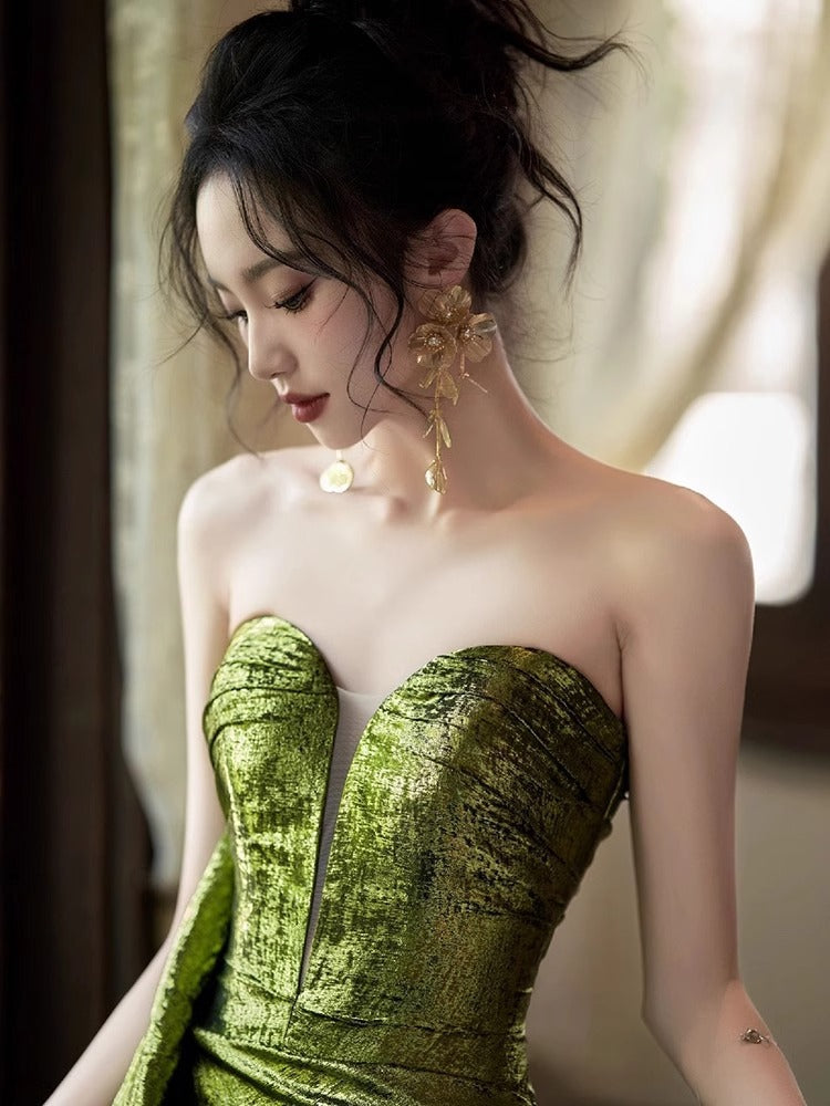 Green Tube Top Morning Gowns Fishtail Sequins Toast Dress Bride Marriage Engagement Sexy Backless Evening Dress Birthday Banquet