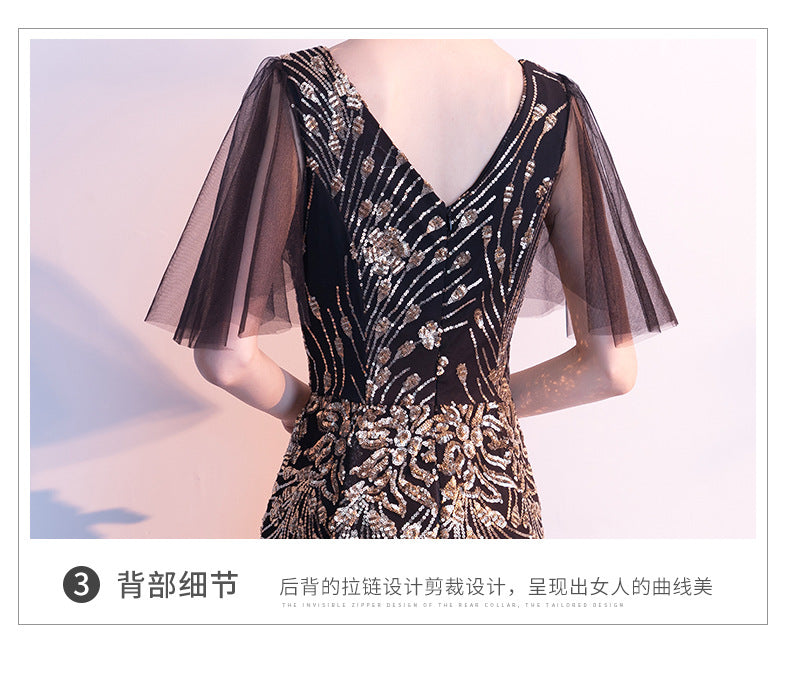Evening Dress for Women 2024 New Banquet Socialite Gathering Long Style with Medium Sleeves V-neck Black Paillette Host Fishtail