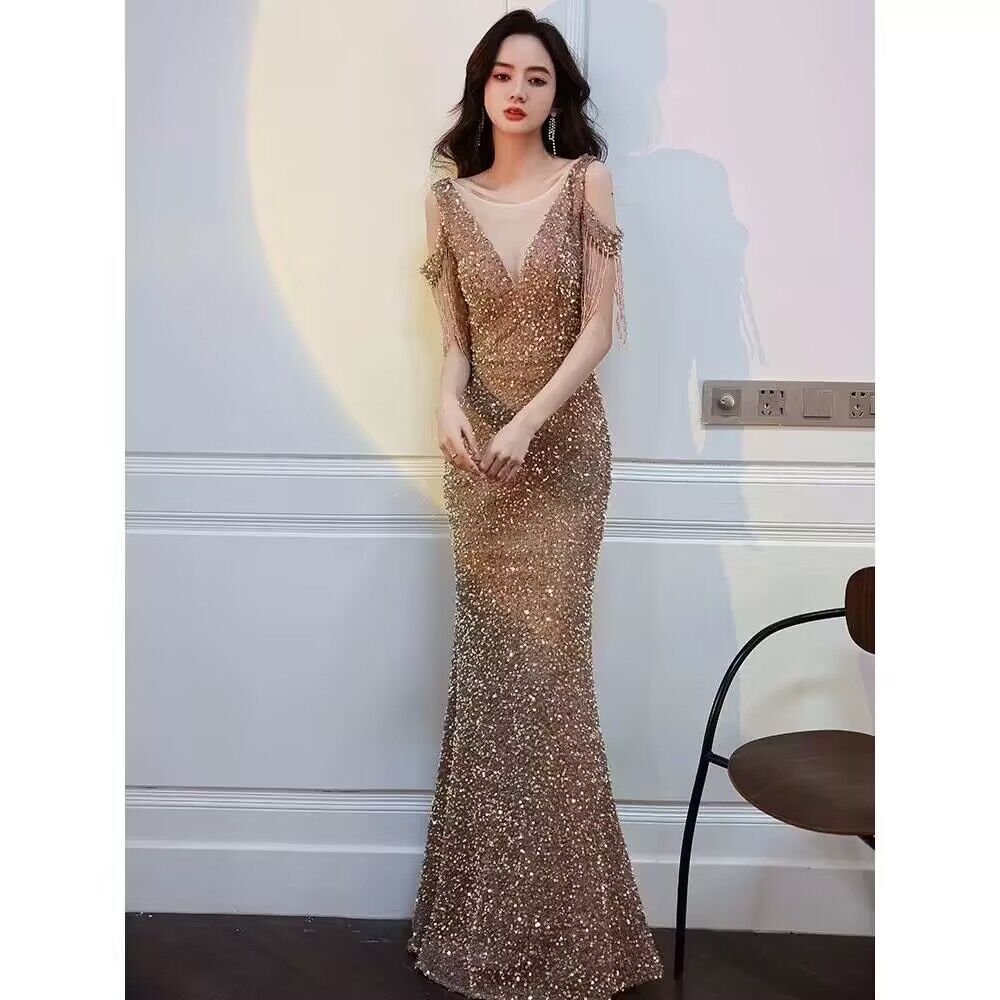 3185 Heavy Industry Evening Dress Women's New Banquet Temperament High-End Fishtail Host Socialite Light Luxury Minority High-End