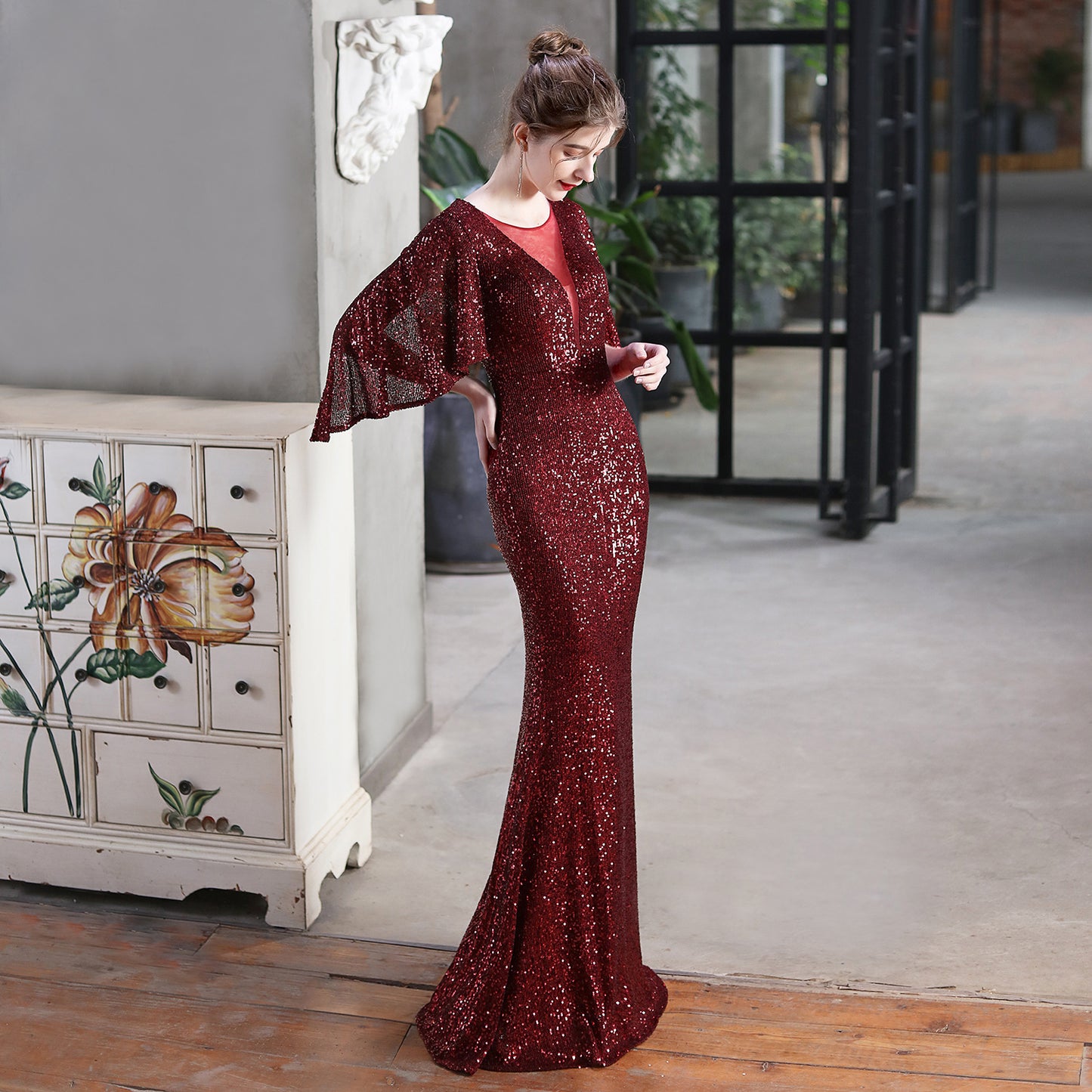 18631# Angel Wings Sequined Fishtail Banquet Elegant Graceful Annual Meeting Host Car Model Party Dress Female Summer