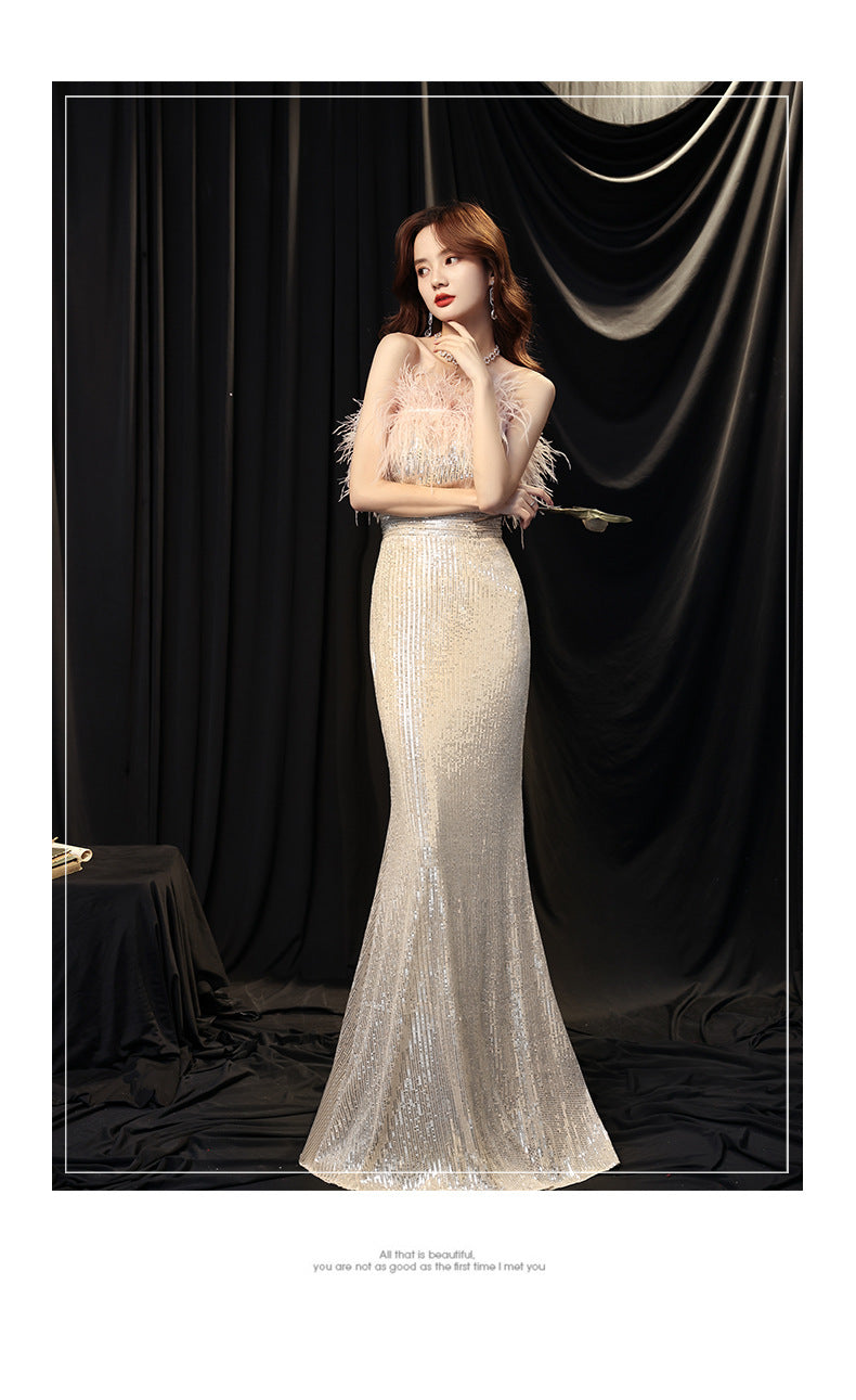 Banquet Dress for Women 2024 New Elegant Sequins Long Ladies Dress for Host Annual Meeting Fishtail Evening Dress