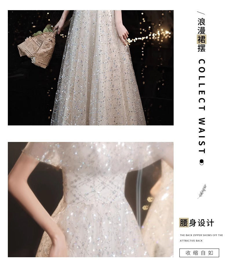 2024 New Sequined Evening Dress Women's High Sense Special Interest Light Luxury Banquet Temperament Annual Meeting Dinner Host