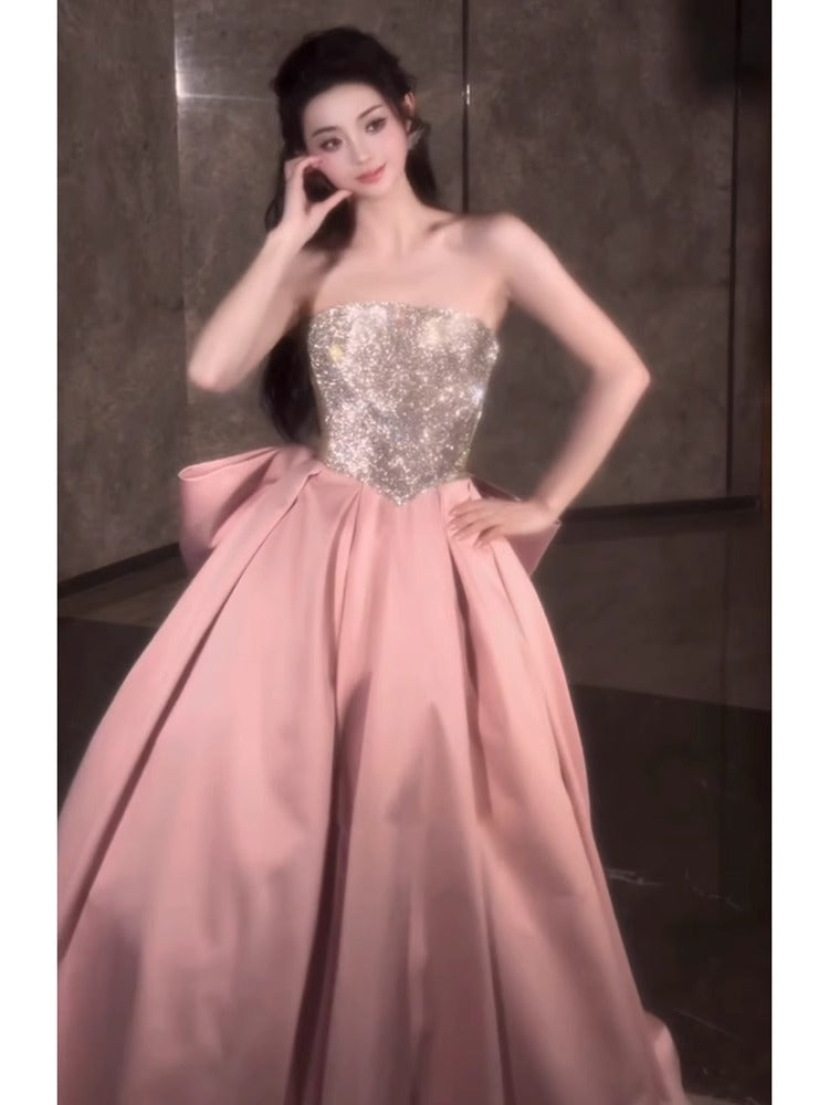 Pink Evening Dress for Women 2024 New High-Grade Tube Top Banquet Temperament Host Birthday Dress 18-Year-Old Adult Ceremony