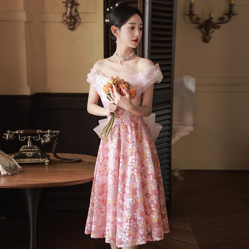 off-Shoulder Slimming Peach Blossom Pink Evening Dress High-End Affordable Luxury Niche Art Exam Solo Dress Engagement License Dress