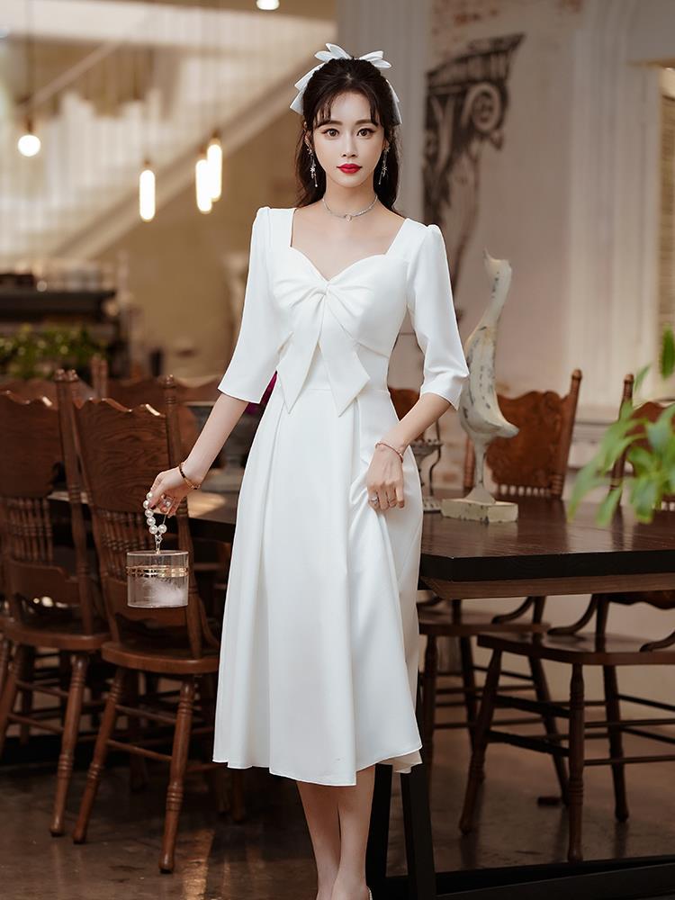 Evening Dresses Party Gown Ball Dinner Dress White Long Sleeve Flower Bowket Cocktail H263