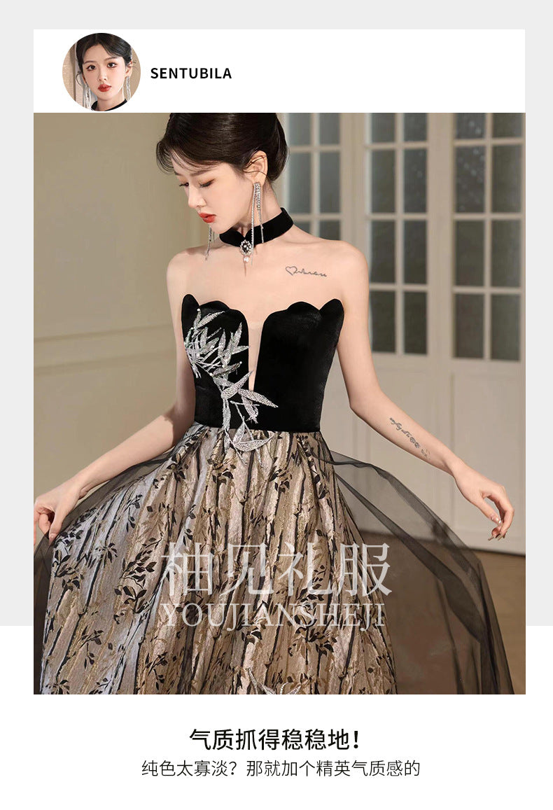 Tube Top Toast Dress Black New Chinese Style Morning Gowns Women's Bride Engagement Dress Banquet Temperament Host Evening Dress