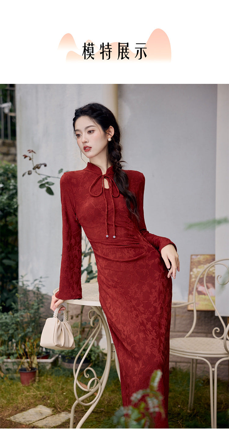 New Chinese Style Women's Long Sleeve Wine Red Dark Pattern Improved Engagement Cheongsam Family Visiting Shoes Toast Dress Wedding Dress