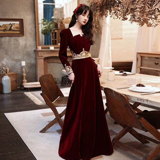 Wedding Toast Dress 2024 New Velvet Wine Red Long Bride Long Evening Dress Autumn Elegant Toast