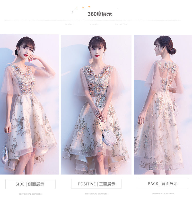 Evening Dress for Women Banquet Temperament Fairy Light Luxury Minority High-End Host Short Front Short Back Length Dress