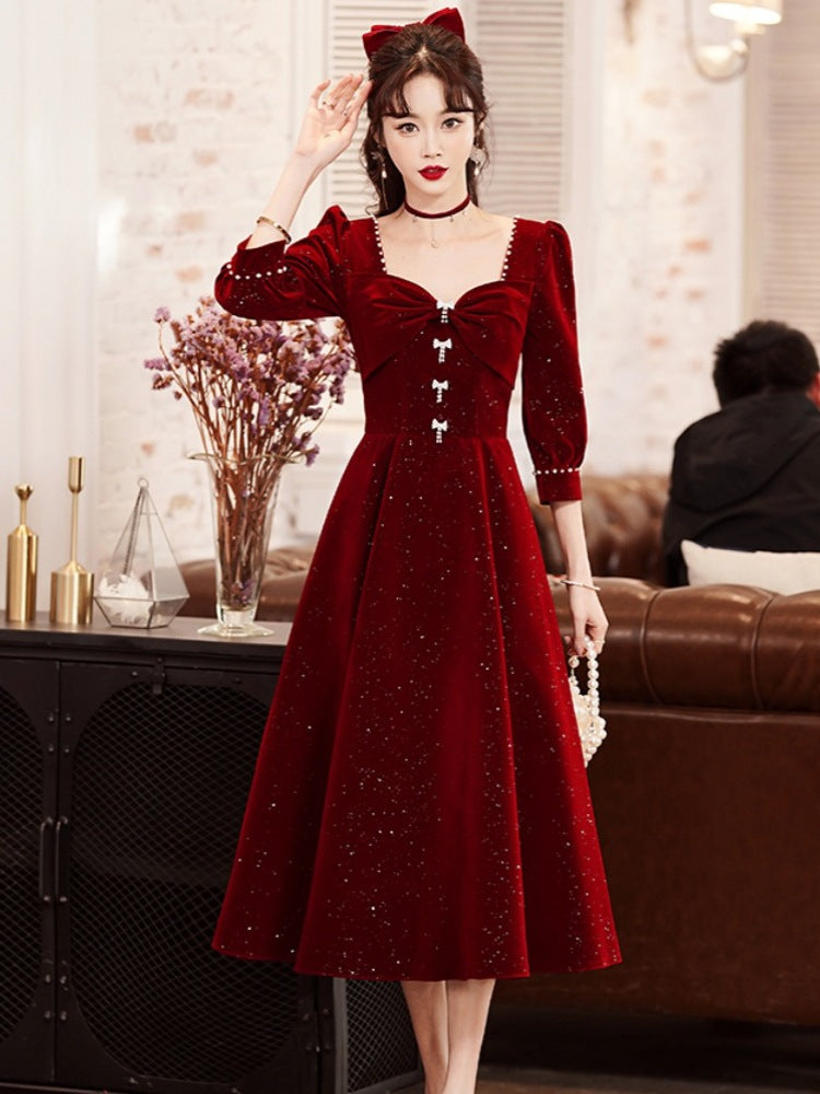 Toast Dress Bride Red Dress Women's High-Grade Skirt Small Engagement Dress Long Sleeve Daily Style Women