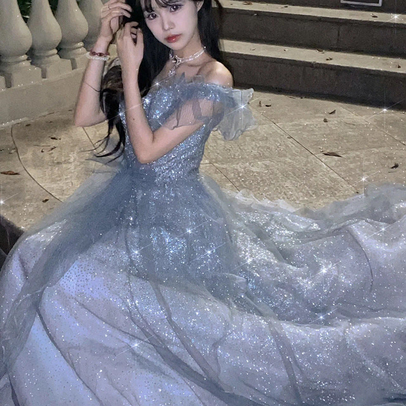 French Princess Escape Evening Dress Super Fairy Blue Student Art Exam Performance Dress off-Shoulder Temperament Bride Toast Dress