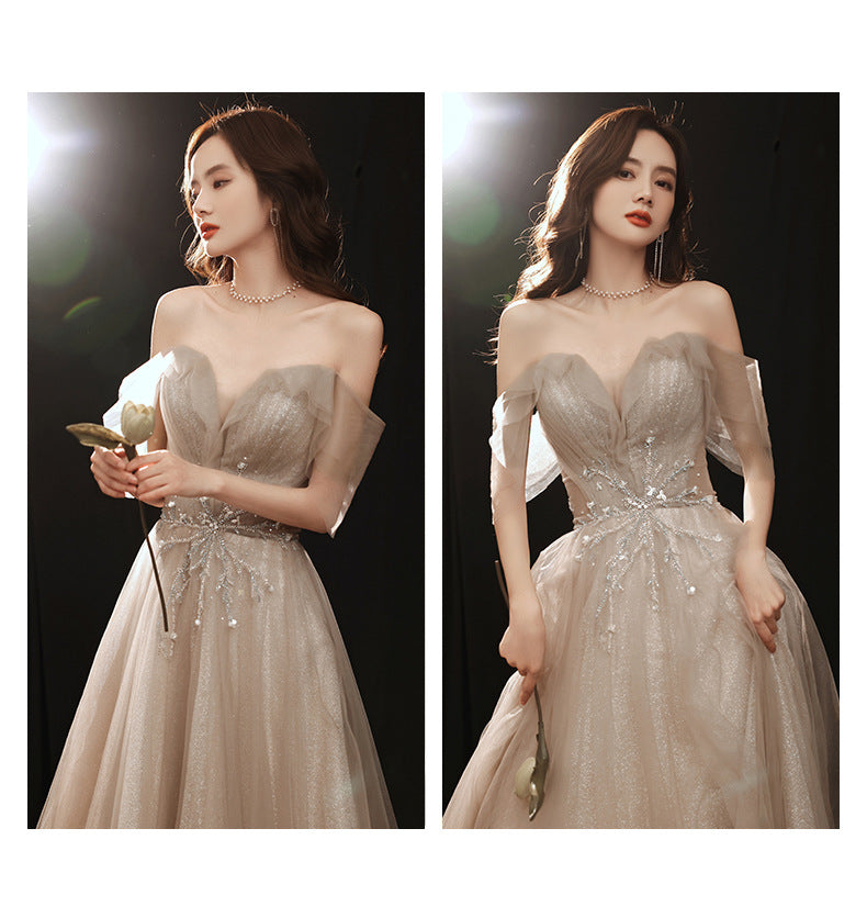 Banquet Evening Dress 2024 New off-Shoulder Dignified Socialite Champagne Dress Host Dinner Annual Meeting Gift