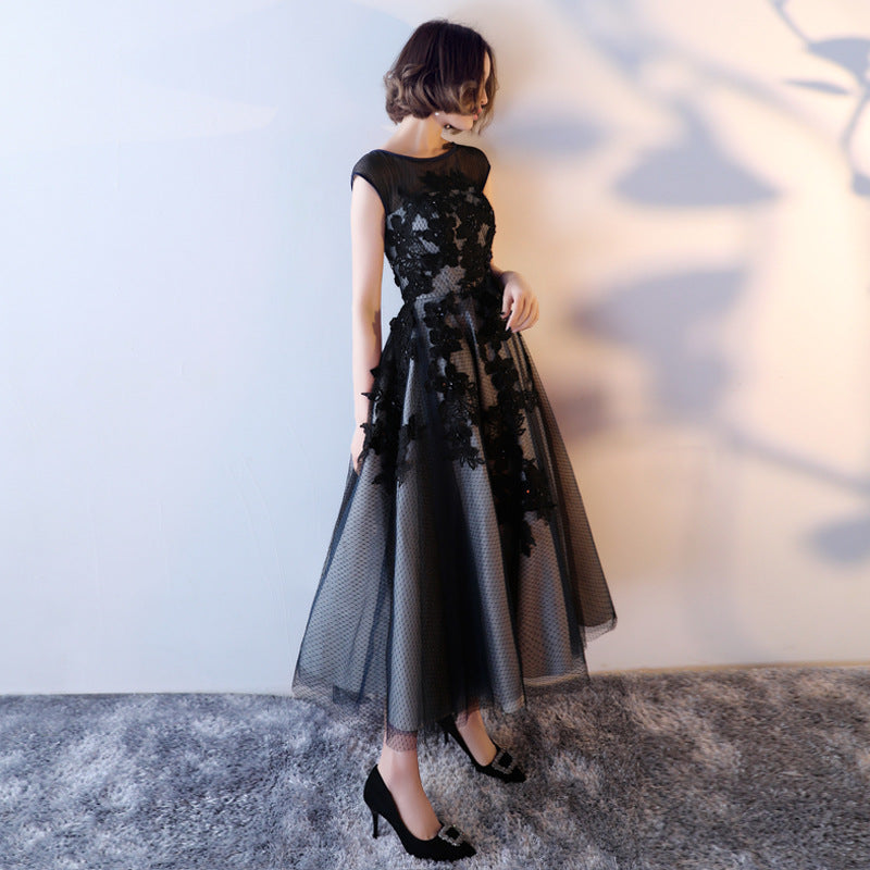 Prom dress elegant Women's Korean-Style Slim-Fit Short Sleeve Black Ball gown Banquet Host Evening Dresses H88923