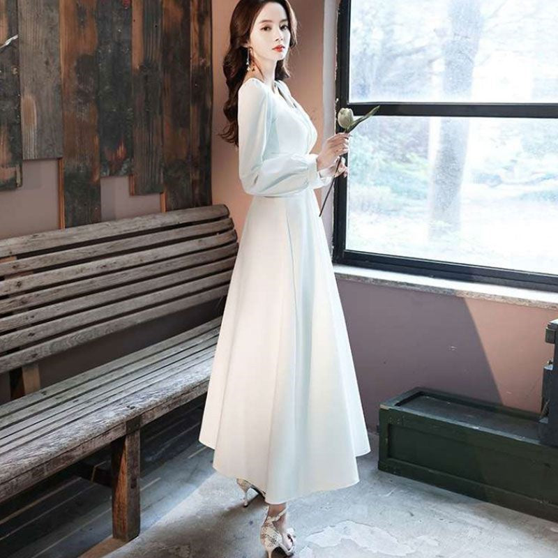 2024 Spring White Dress High-End Wedding Party Simple Graceful Square Collar Dress Spring and Autumn Women