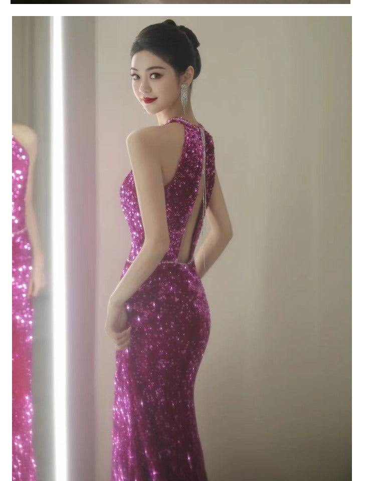 Dragon Fruit Dinner Dress 2024 New Sequined Fishtail Bridal Wedding Toast Backless Party Evening Dress