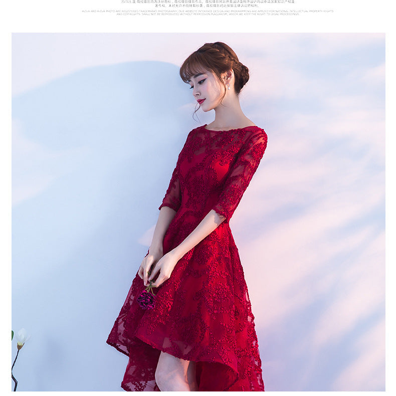 Toast Dress Bridal Elegant Lace Evening Dress Women's Banquet Wine Red Engagement Waist Front Short Back Long Dress