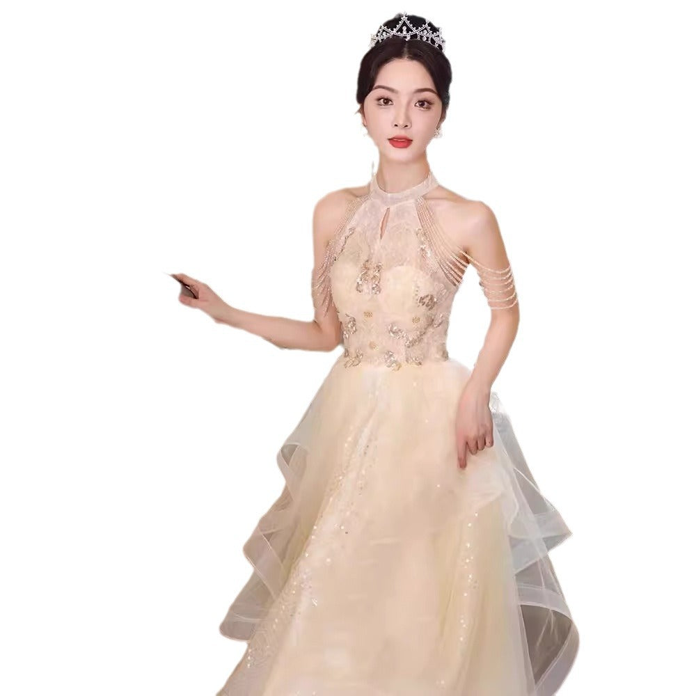 Champagne Halter Evening Dress 2024 New Toast Dress Morning Gowns Female Bride Engagement Dress Fairy Socialite Style