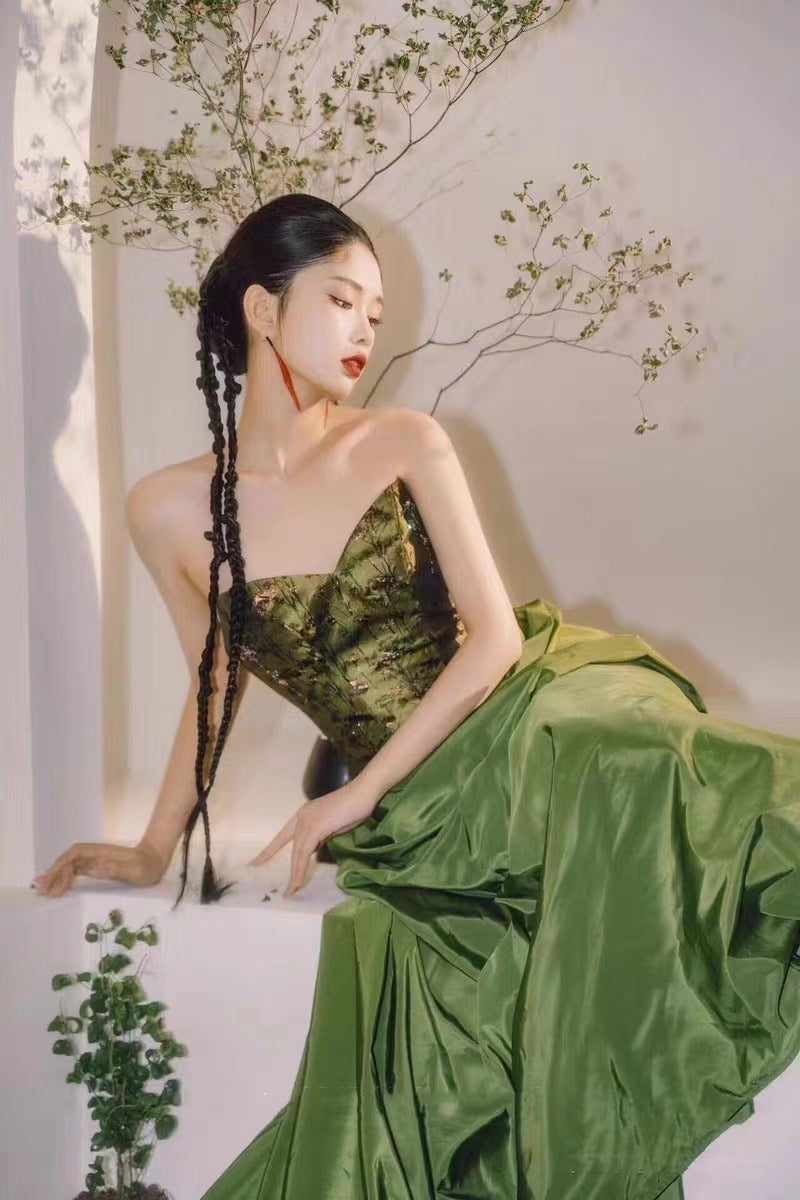 Green New Chinese Style Morning Gowns Dress Toast Dress Bride Engagement Dress Light Luxury Minority Long Tube Top Dress
