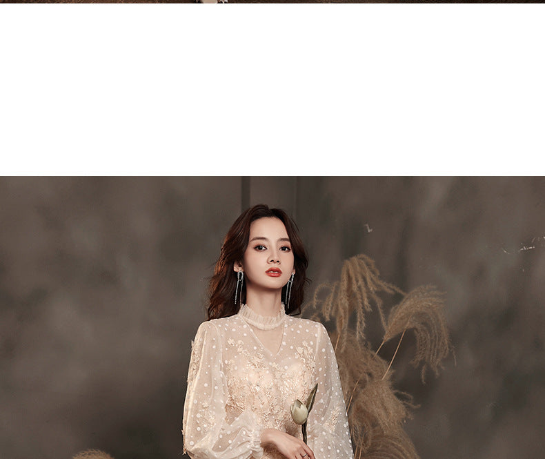 Banquet Evening Dress 2024 New Champagne Long Sleeve Socialite Dress Party Host Birthday Annual Meeting Dress