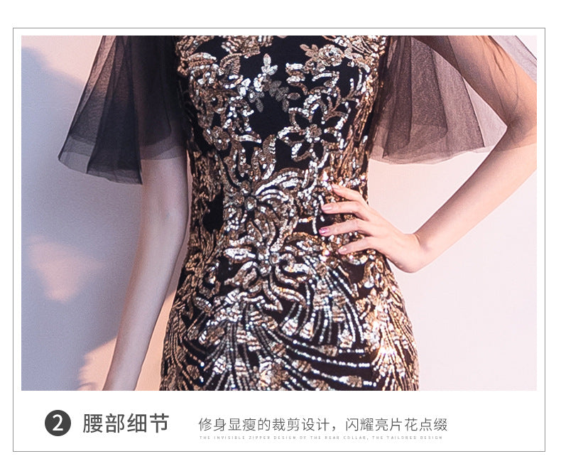 Evening Dress for Women 2024 New Banquet Socialite Gathering Long Style with Medium Sleeves V-neck Black Paillette Host Fishtail