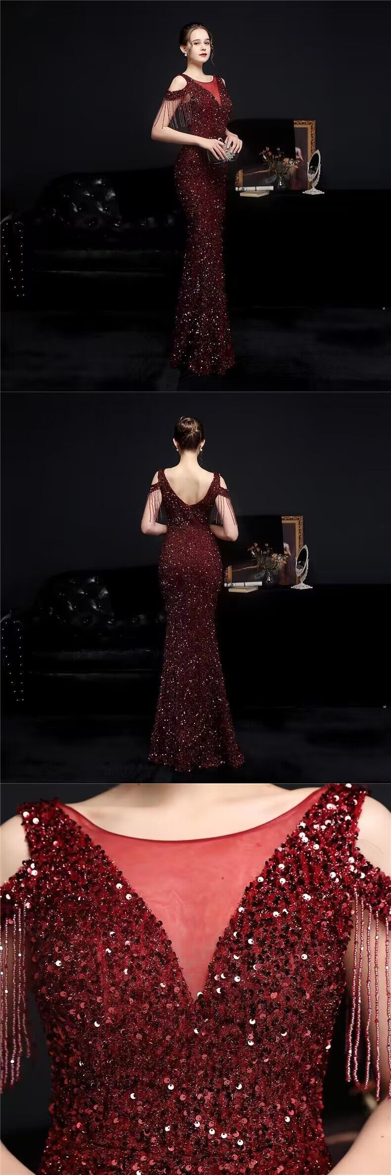 3185 Heavy Industry Evening Dress Women's New Banquet Temperament High-End Fishtail Host Socialite Light Luxury Minority High-End