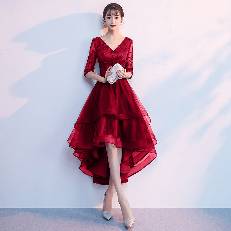 Navy Blue Evening Dress Temperament Banquet Mom Wedding Reception Clothes Front Short Back Length Dress Daily Style Autumn and Winter