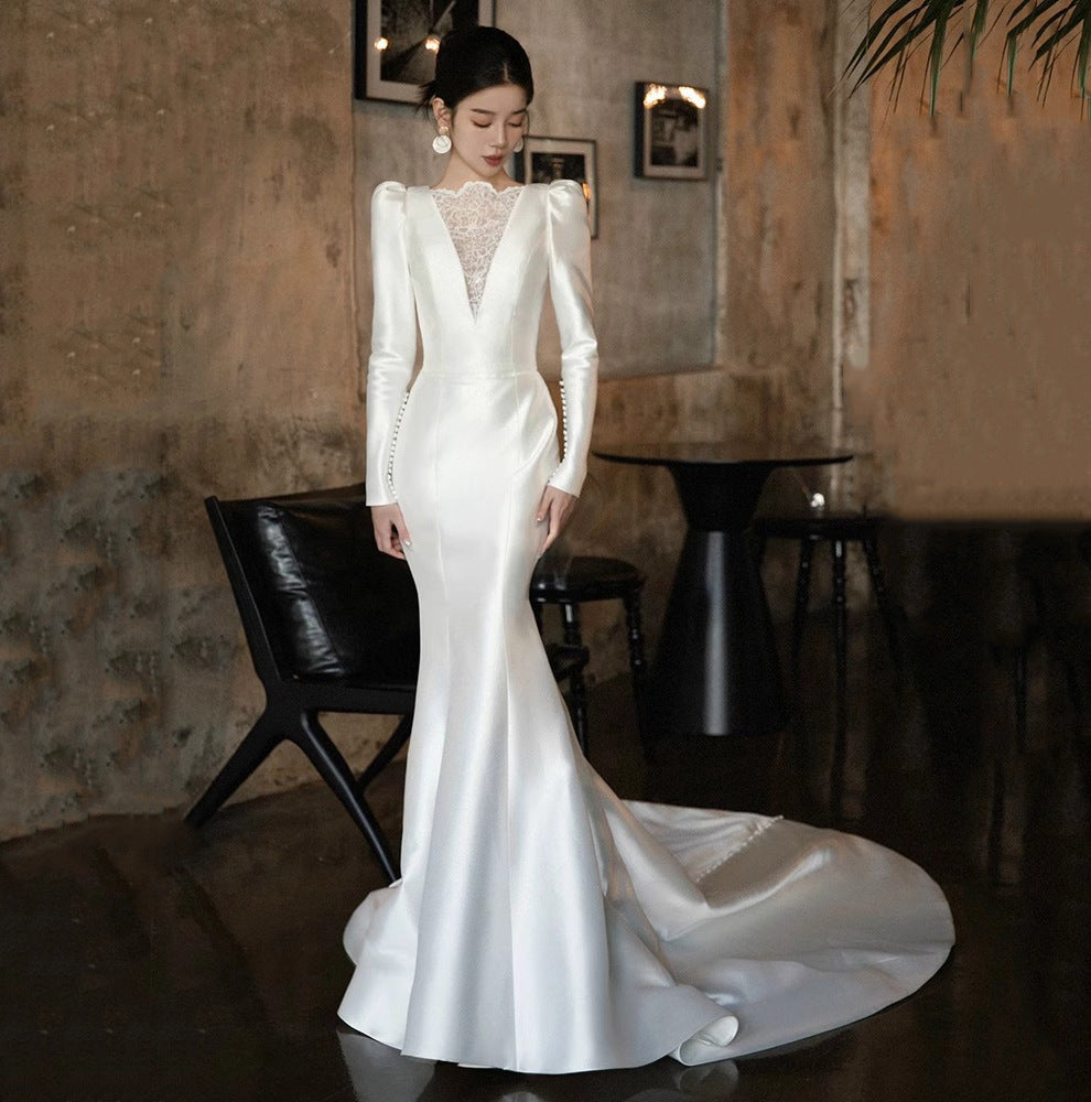 Wedding Dress Satin Long Sleeve Fishtail Outdoor Yarn Banquet Evening Gown H2911