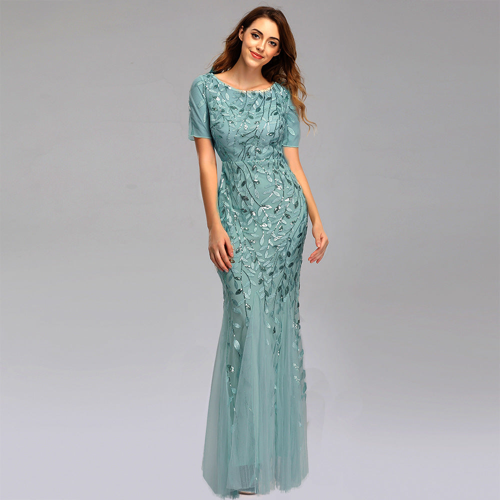 Spring and Summer Cross-Border 2024 Banquet Host European and American Slim Mesh Sequins Evening Dress Fishtail Dress Women