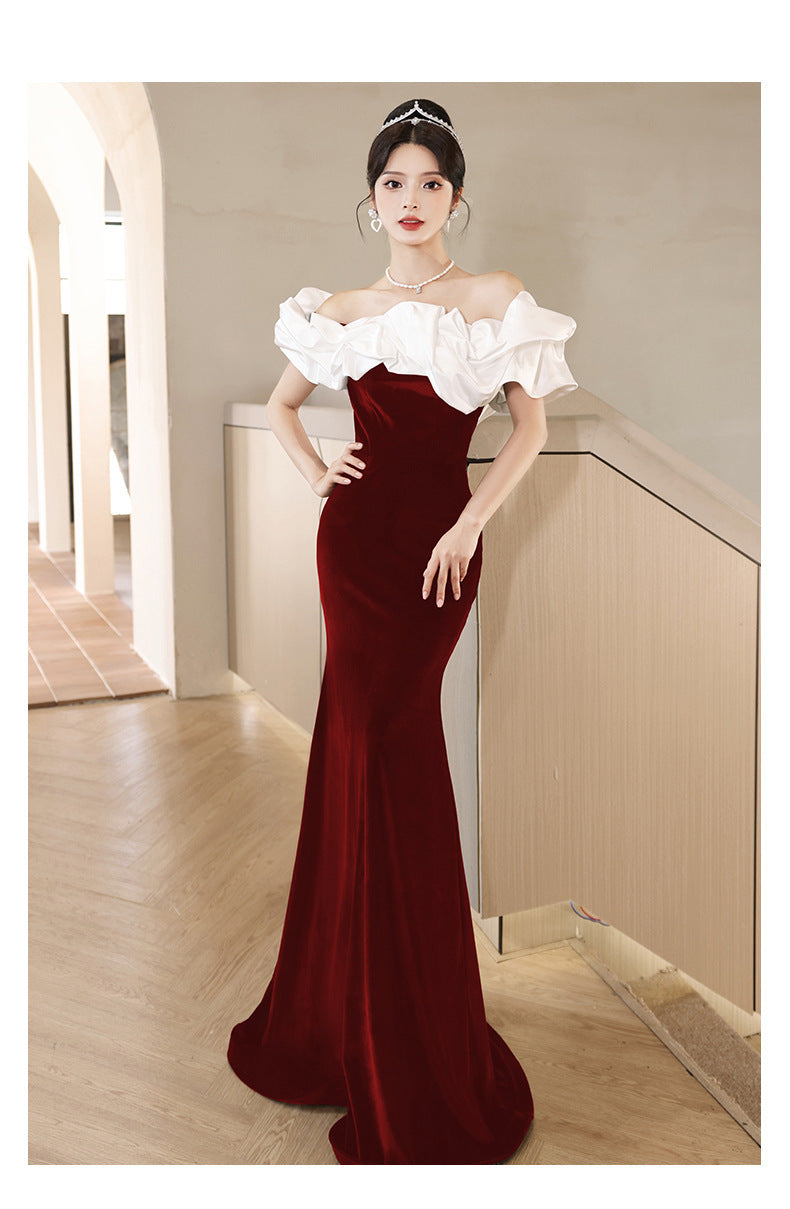 2024 New Summer Red Bardot Temperament Ladies Party Dress Host Dress Slim Fit Fishtail Dress