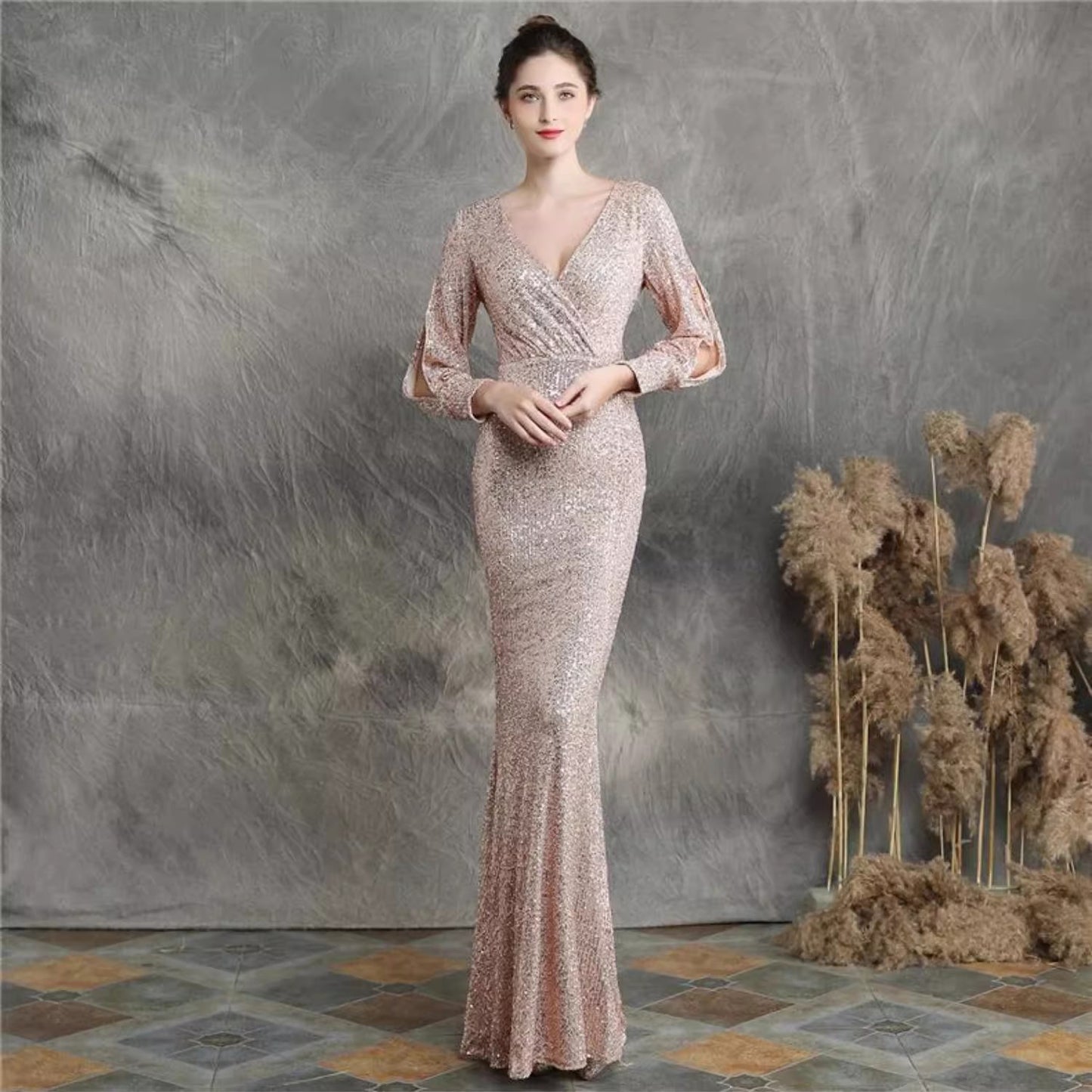 4645 Sequined Evening Dress New High-End Toast Dress Sexy Deep V Temperament Fishtail Host Banquet Dress