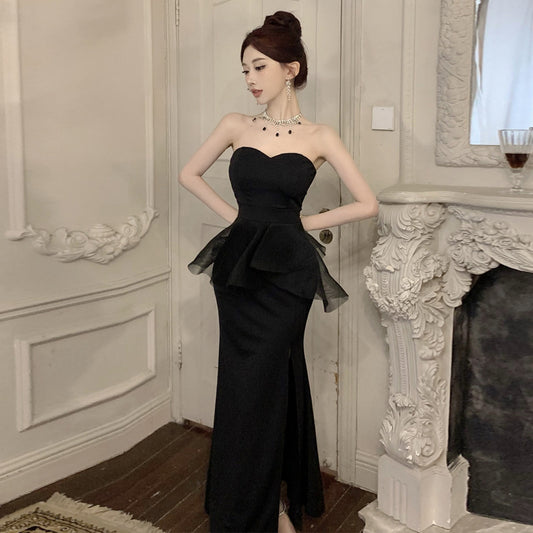 7602 Europe and America Southeast Asia Foreign Trade Wholesale 2024 Women's Tube Top Mesh Patchwork Slit Evening Dress Dress Women