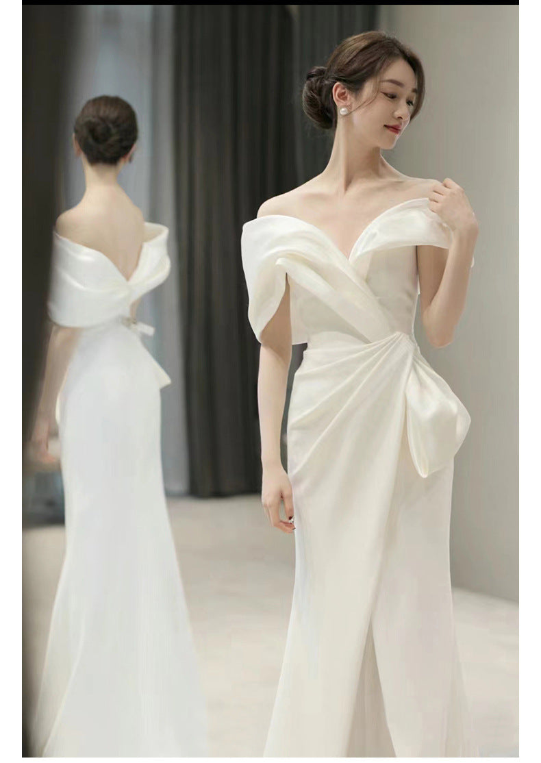 off-Shoulder White French Suit 2024 New Winter Light Luxury Minority High-End Engagement Fishtail High-End Evening Dress