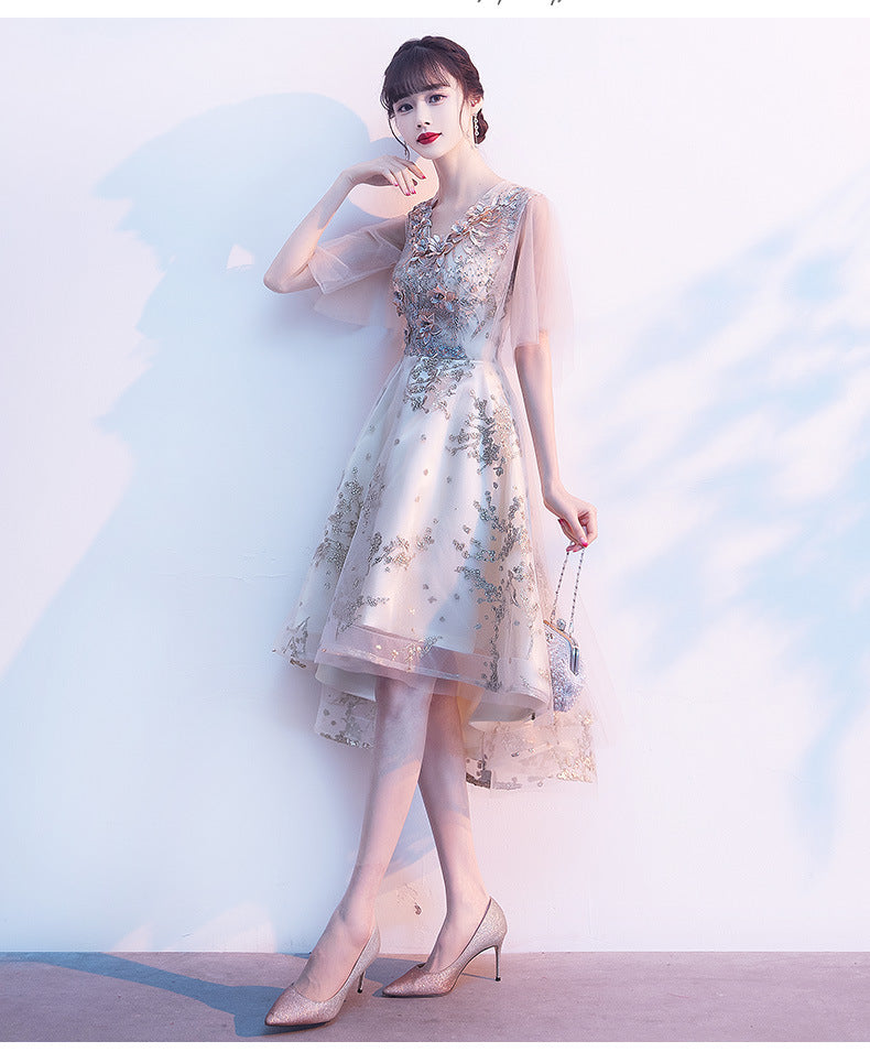 Evening Dress for Women Banquet Temperament Fairy Light Luxury Minority High-End Host Short Front Short Back Length Dress