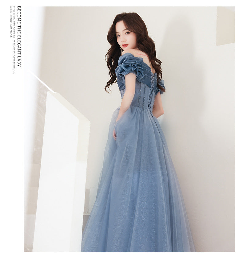 Blue Evening Dress Women's off-Shoulder 2024 New Autumn Banquet Temperament Performance Host Texture Art Exam Dress