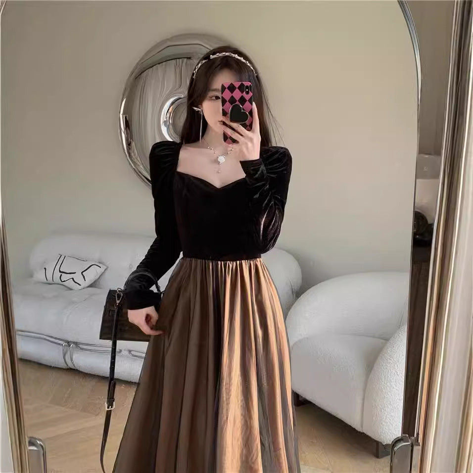 Black Vintage Velvet Dress Women's Autumn and Winter French Temperament Socialite Slim Fit Cinched Mesh Dress Long Skirt