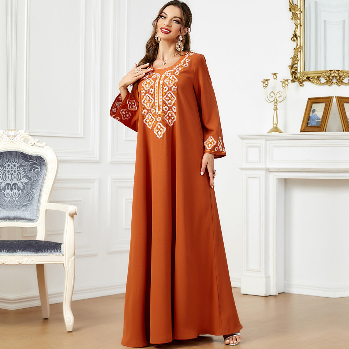 3567 Muslim Women's Wear Solid Color Embroidery Muslim Middle East Women's Clothing Arab Dress Long Sleeve Dress