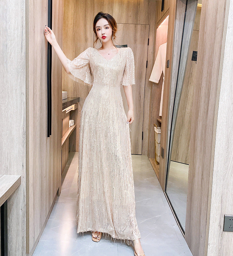 Starry Evening Dress Dignified Temperament Bride Toast Dress V-neck Flared Sleeves Sequined Tassel Slimming Long Dress Women