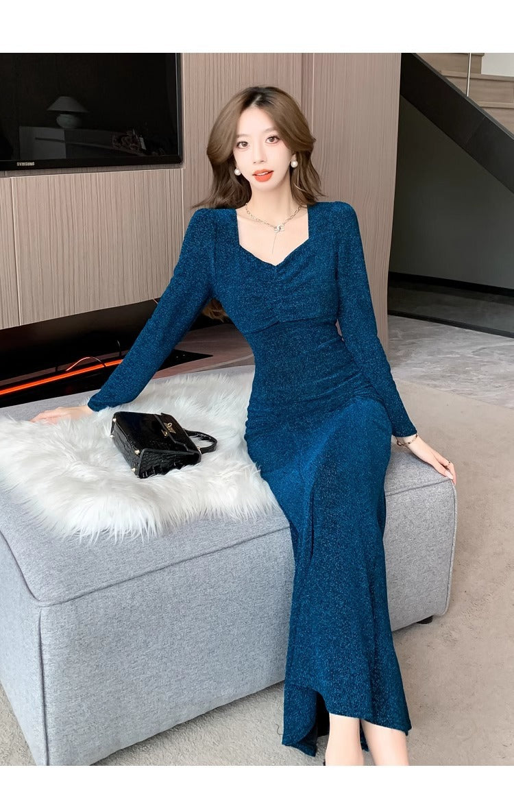 High-End Square Collar Long Sleeve Fishtail Dress Spring Fashion Graceful Formal Dress Sexy Slimming Beam Waist Hip Skirt