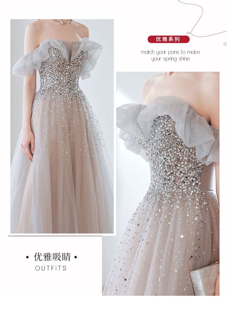 Temperament Banquet Evening Dress for Women 2024 New Autumn Bridal off-Shoulder Gray Elegant Dress for Host