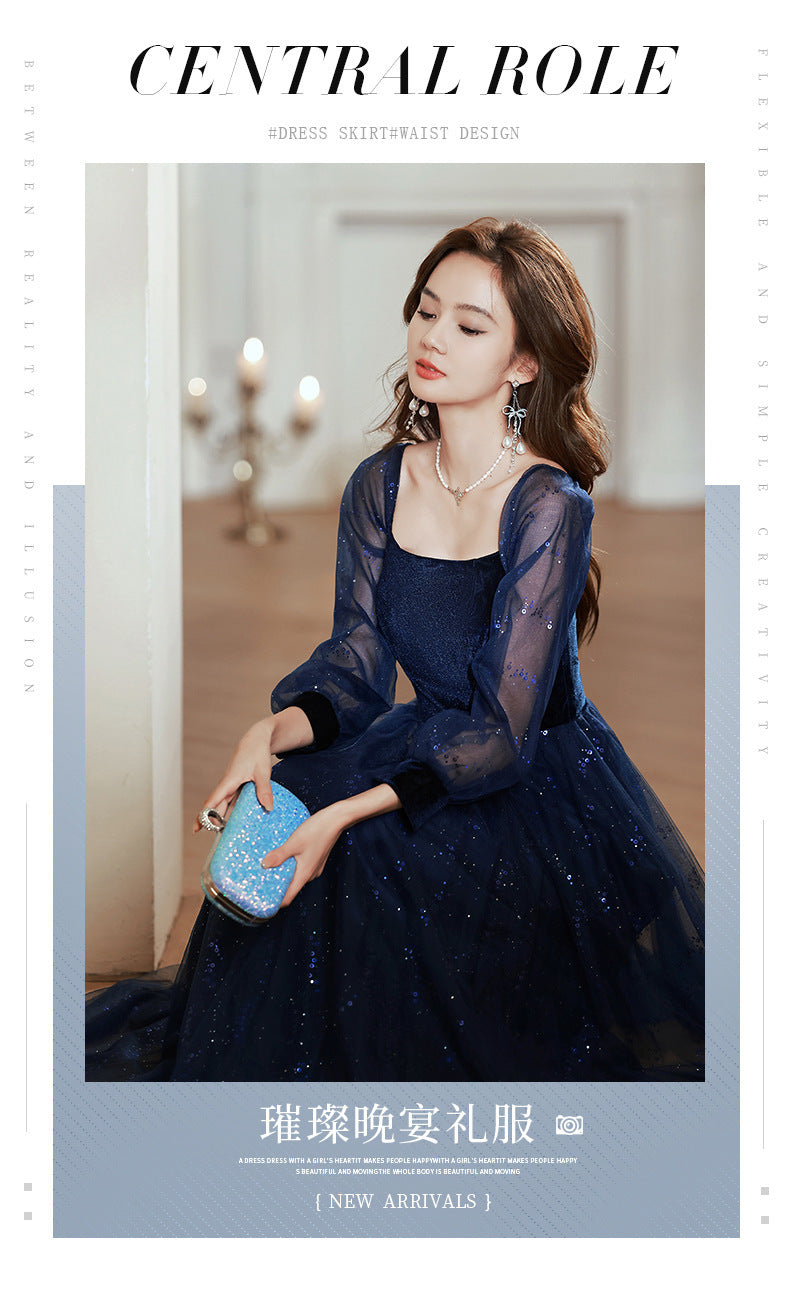 Women's Long-Sleeved Evening Dress for Banquet, High Sense High-End Affordable Luxury Niche Blue Sequined Conductor Chorus Solo Performance Costume